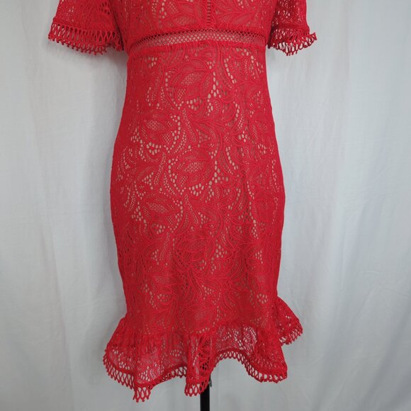 Bardot Lace Dress Medium Red Ruffle Mini - Picture 4 of 9
